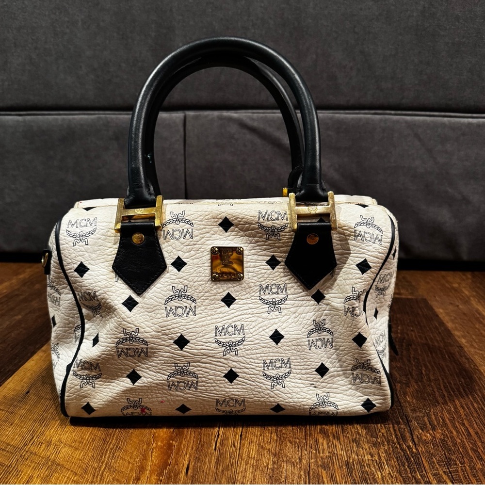 MCM White and Navy Boston Handbag with D Rings